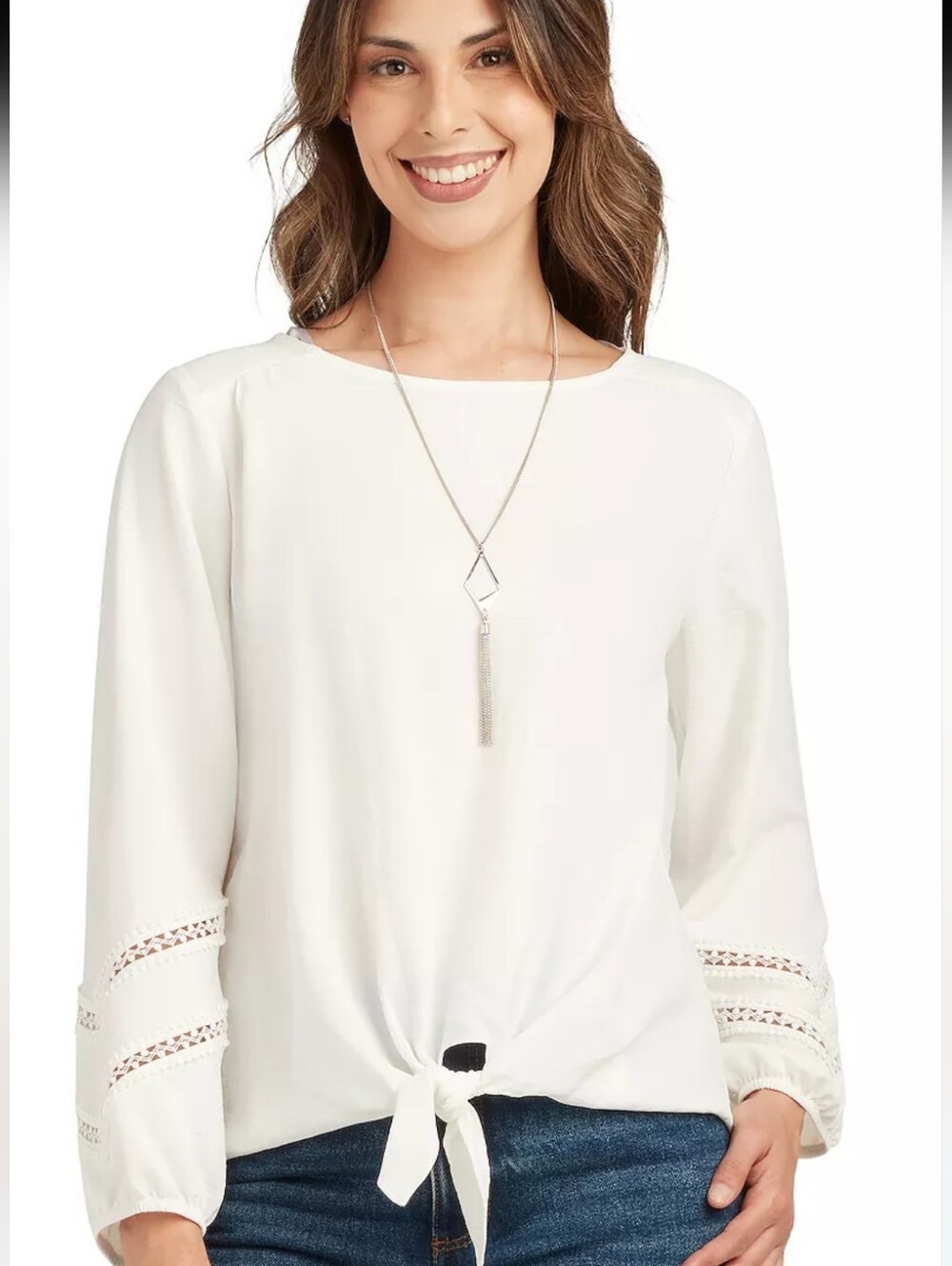 I.N. Studio White Blouse with Lace and Tie-Front